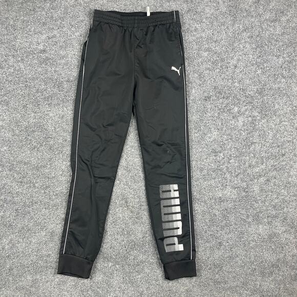 Puma Track Pants Youth L Black Jogger Style Logo Print Tapered Fit Athletic - Picture 1 of 10